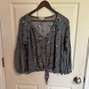 Maurices Blue and Pink Bell Sleeve Blouse with Tie Front